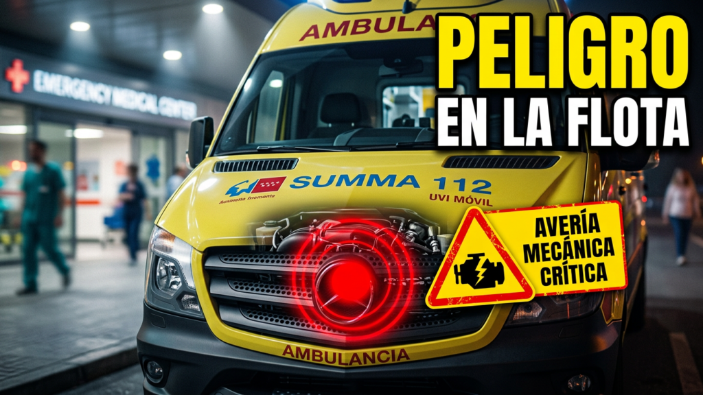 Ambulancia UVI móvil del SUMMA 112 con una alerta de avería mecánica crítica y el titular «Peligro en la flota», sobre los problemas de mantenimiento y renovación de vehículos.