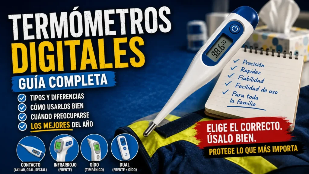 Guía de termómetros digitales con modelos de contacto, infrarrojo, oído y dual, junto a criterios de precisión, rapidez y uso familiar.