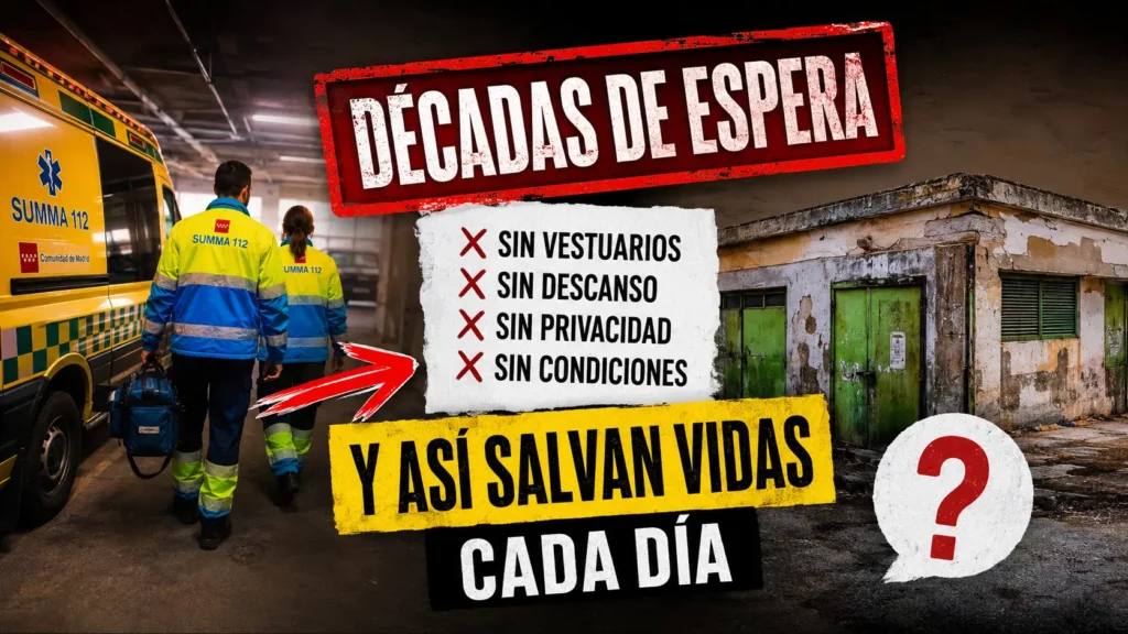 Ambulancia y profesionales del SUMMA 112 junto a una base deteriorada, con mensajes sobre décadas de espera y falta de vestuarios, descanso, privacidad y condiciones dignas.