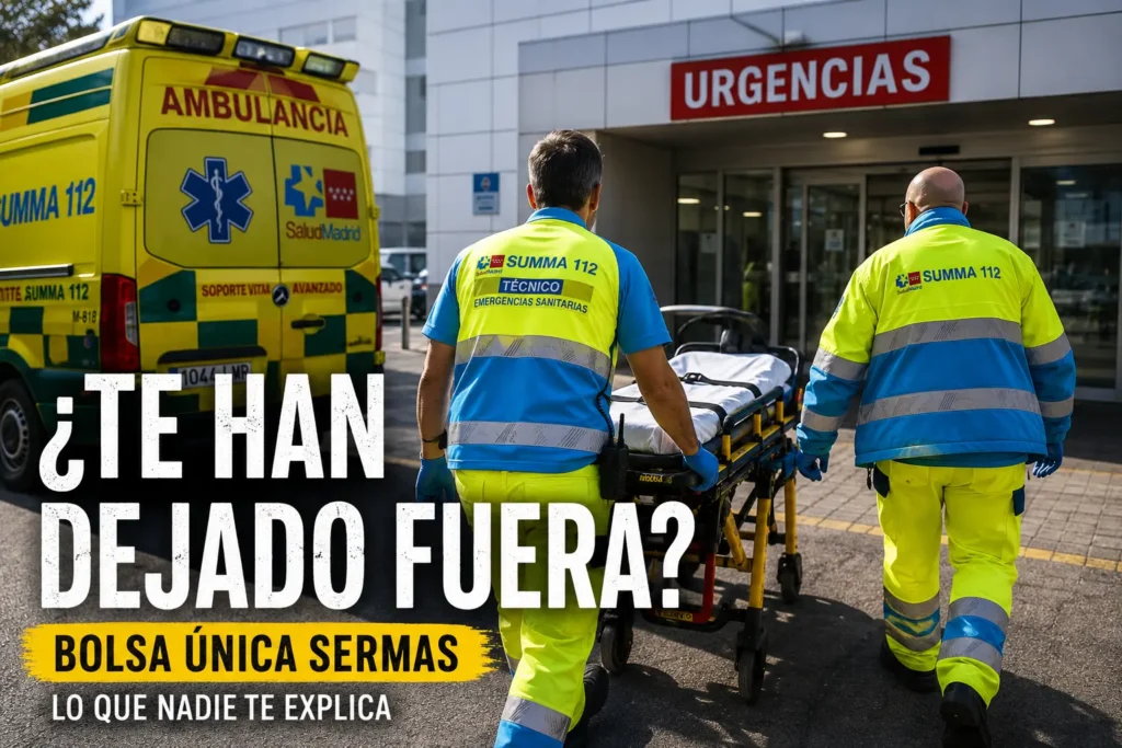 Técnicos en Emergencias Sanitarias del SUMMA 112 trasladan una camilla hacia la entrada de Urgencias junto a una UVI móvil, en una imagen ilustrativa sobre la Bolsa Única de Empleo del SERMAS.