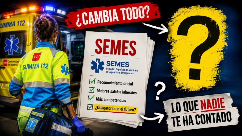 TES del SUMMA 112 frente a una ambulancia junto a una propuesta de SEMES sobre reconocimiento oficial, competencias y futuro del Grado Superior.