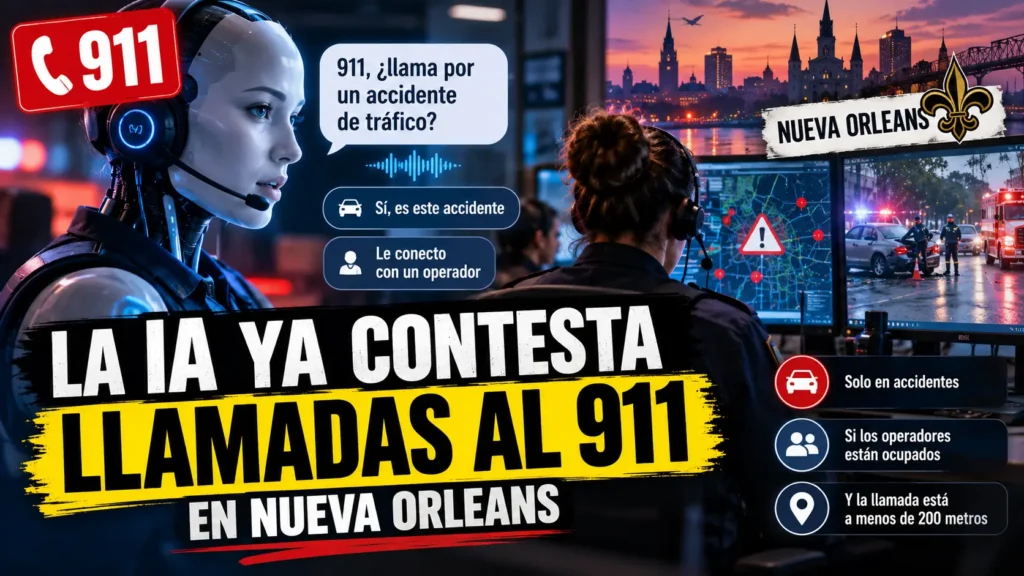 IA atendiendo una llamada al 911 en Nueva Orleans mientras un operador humano supervisa un accidente de tráfico desde el centro de emergencias.