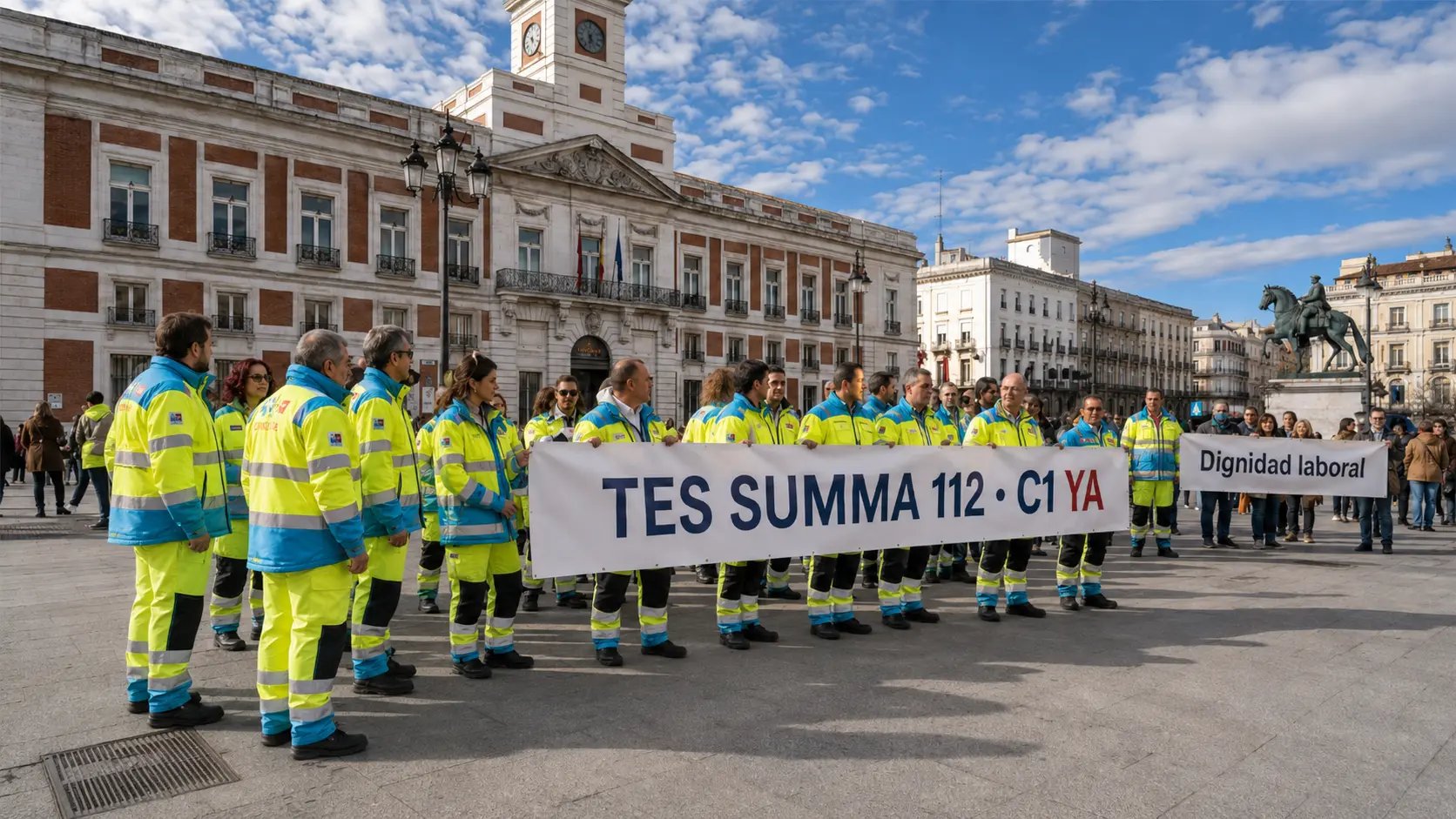 Concentración de Técnicos en Emergencias Sanitarias del SUMMA 112 en la Puerta del Sol de Madrid para reclamar el grupo C1.