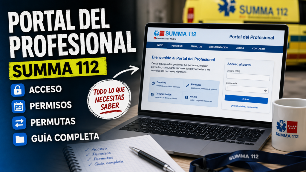 Portátil mostrando el Portal del Profesional del SUMMA 112, con accesos a permisos, permutas, documentación y guía completa para trabajadores.
