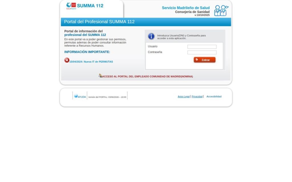 Portal del Profesional SUMMA 112: pantalla de acceso y login en personalsumma.sanidadmadrid.org